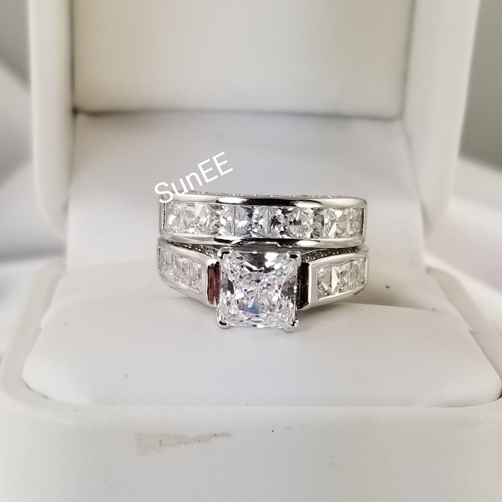 NEW WOMENS 925 STERLING SILVER ENGAGEMENT RINGS WEDDING RINGS DIAMOND SET - Picture 5 of 6